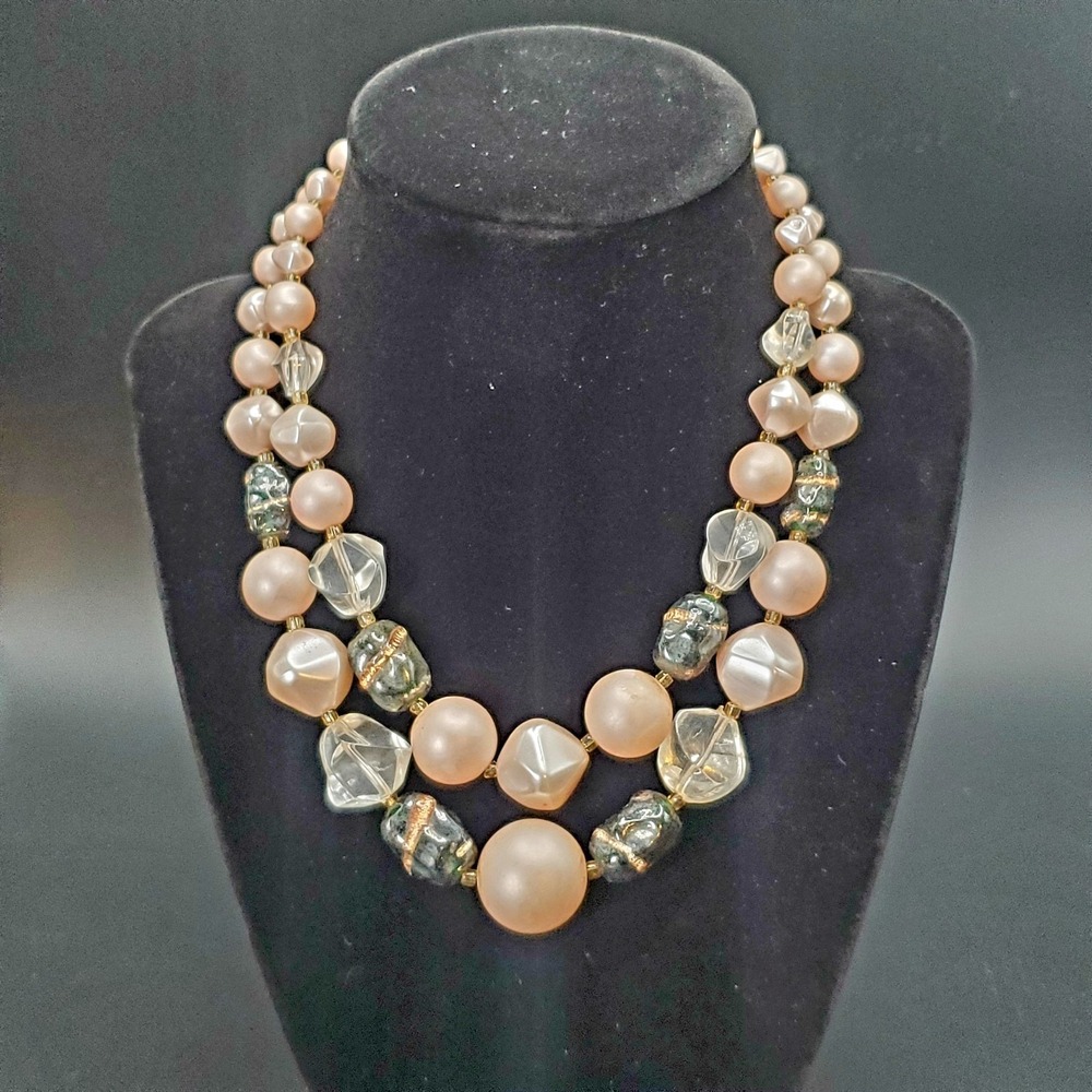 Double Strand Vintage Light Pink‎ Faux Pearl And Mixed Faux Stone Necklace 16".
